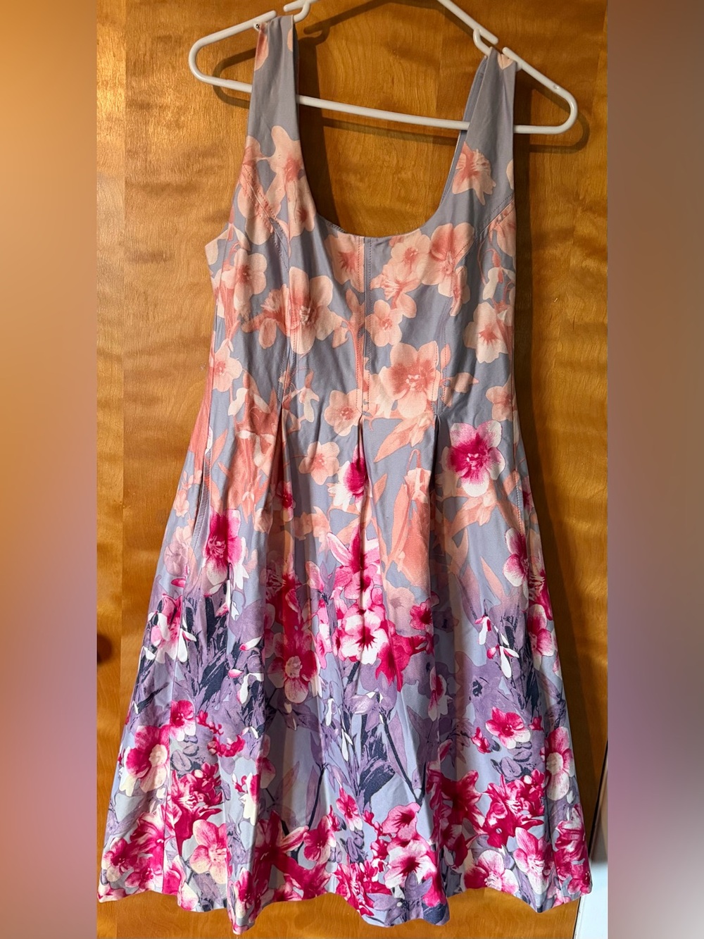 Nine West Floral Fit and Flare Party Dress Floral Scoop Neck Pleated Cotton 14